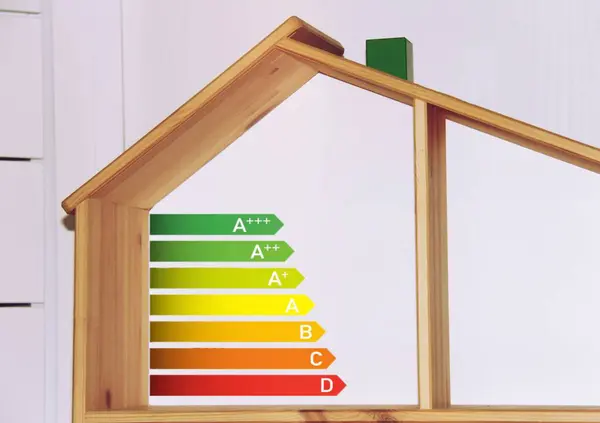 Energy efficient house concept with classification graph sign, home energy efficiency rating isolated, wooden smart eco house certification system, good ecological and bio energetic rating .