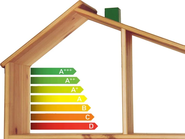 Energy efficient house concept with classification graph sign, home energy efficiency rating isolated, wooden smart eco house certification system, good ecological and bio energetic rating .