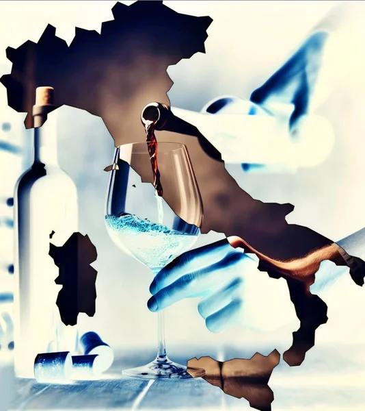 Illustration with a hand pouring wine with the map of Italy as background. Concept of Italian wine