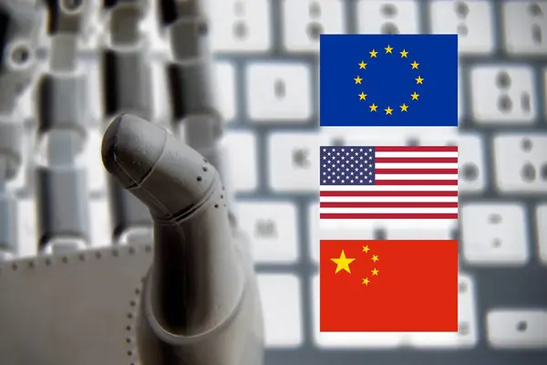 Robotic hand with the flags of Europe, China and United States.