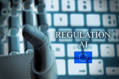 Klavyede robotik el yazısı. Avrupa 'da gelecek ve yapay zeka kavramı.