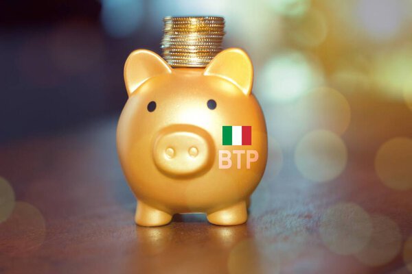 Piggy bank with the text BTP translating as Italian government bonds