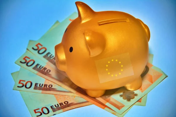 Varkensbank Met Europese Bankbiljetten Met Europese Vlag — Stockfoto