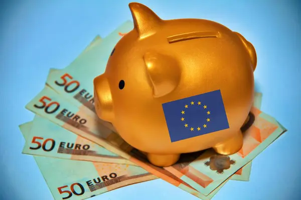 Piggy Bank European Banknotes European Flag — Stock Photo, Image