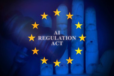 Yapay zeka, Avrupa 'daki düzenleme sembolü. Tahta bloktaki yapay zeka kuralları kavramsal sözcükler. Güzel mavi arka plan. İş AI yasası düzenleme kavramı Boşluğu kopyala