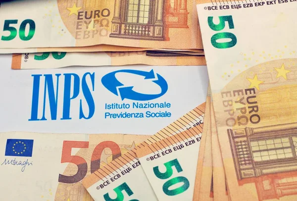 Τραπεζογραμμάτια Ευρώ Επιγραφή Ιταλικού Συνταξιοδοτικού Ιδρύματος Inps Φωτογραφία Αρχείου