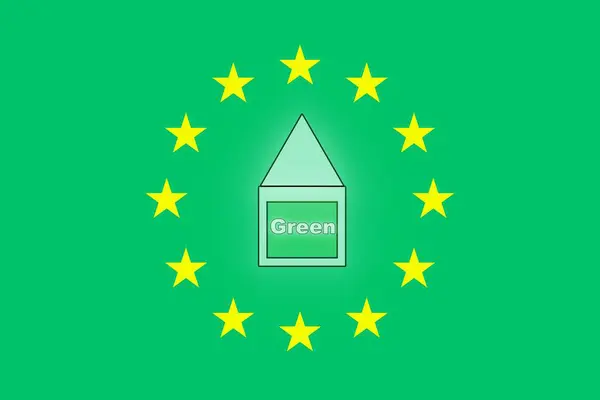 Green European flag , Green Deal. Improvements to make houses zero-energy