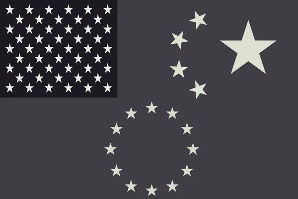 Flags: USA, China, European Union in black and white.