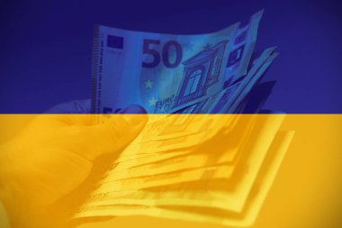 Arka planda Ukrayna bayrağı bulunan avro banknotları.