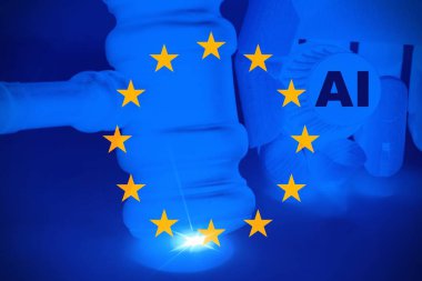 Yapay zeka yönetmelik sembolü. Avrupa bayrağıyla yapay zeka eylem düzenlemesi kavramı. Avrupa ai eylem düzenleme kavramı .