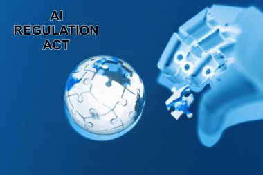 Dünya 'yı temsil eden küreye sahip robot, küresel bağlantıyı ve problem çözmeyi sembolize eden bir yapboz yüzeyine dayanıyor..