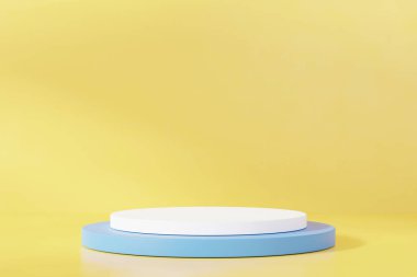 Sarı soyut arkaplanda podyum. 3B render grafik tasarımı.