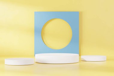 Sarı soyut arkaplanda podyum. 3B render grafik tasarımı.