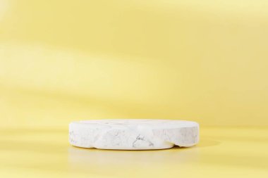 Sarı soyut arkaplanda beyaz mermer taş bir podyum. 3B render grafik tasarımı.