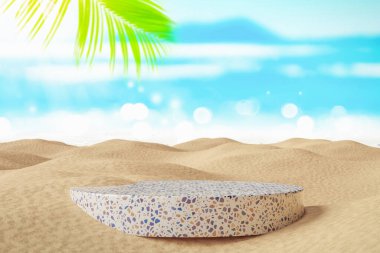 Palm Beach soyut arka planında ürün tanıtımı için kopya alanı olan 3D podyum. Tropik yaz ve tatil konsepti. Grafik sanat tasarımı.