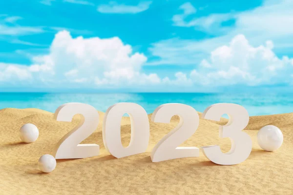 2023 Nummer Tropischen Sandstrand Frohes Neues Jahr Und Urlaubskonzept lizenzfreie Stockbilder