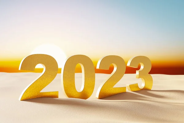 日没の空の抽象的な背景と砂のビーチで2023ゴールド番号 幸せな新年と休日の概念 3Dレンダリンググラフィックイラストデザイン — ストック写真