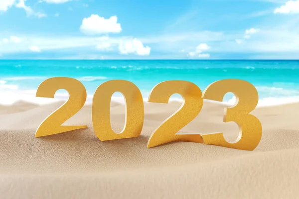 青い空と白い雲の抽象的な背景と砂のビーチで2023ゴールド番号 幸せな新年と休日の概念 3Dレンダリンググラフィックイラストデザイン — ストック写真