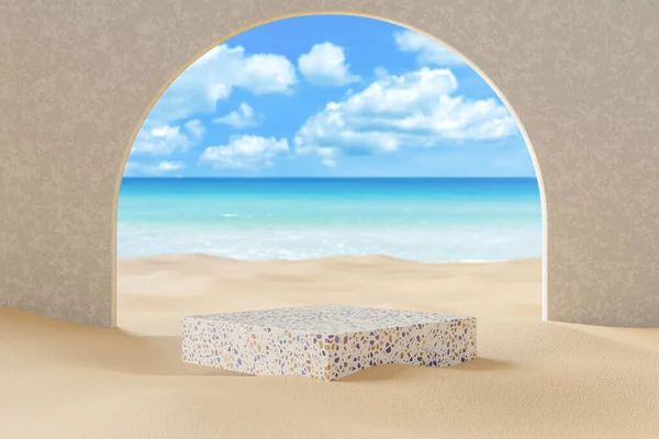 Βάθρο Χώρο Αντιγραφής Για Παρουσίαση Προϊόντων Στην Παραλία Μπλε Ουρανό Εικόνα Αρχείου