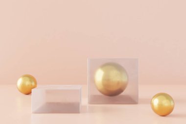 Ürün tanıtımı için üç boyutlu cam ve altın podyum. Grafiksel çizim sanat tasarımı.