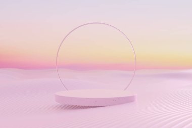 Tropikal günbatımı plaj soyut arkaplanı sunumu için kopya alanı olan 3D podyum. Tropik yaz ve tatil konsepti. Grafiksel çizim sanat tasarımı.