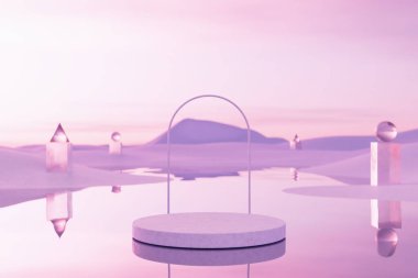 Tropikal günbatımı plaj soyut arkaplanı sunumu için kopya alanı olan 3D podyum. Tropik yaz ve tatil konsepti. Grafiksel çizim sanat tasarımı.