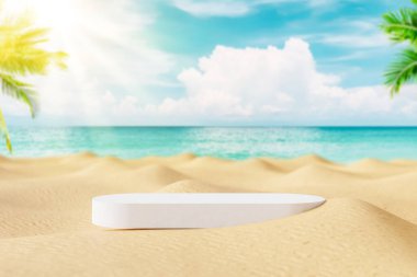 Palm Beach soyut arka planında ürün tanıtımı için kopya alanı olan 3D podyum. Tropik yaz ve tatil konsepti. Grafik sanat tasarımı.