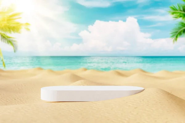 Palm Beach soyut arka planında ürün tanıtımı için kopya alanı olan 3D podyum. Tropik yaz ve tatil konsepti. Grafik sanat tasarımı.