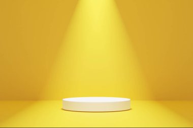 Sarı soyut arkaplanda podyum. 3B render grafik tasarımı.