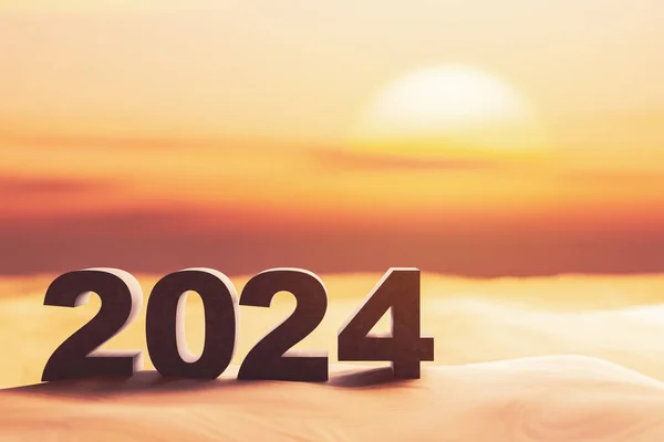 2024 Liczba Piaszczystej Plaży Zachodem Słońca Niebo Abstrakcyjne Tło Szczęśliwego — Zdjęcie stockowe
