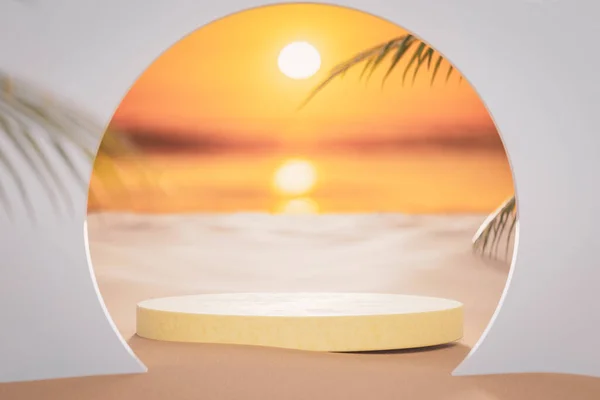 Подіум Копіювальним Простором Презентації Продукту Пальмовому Пляжі Небі Сонця Абстрактний Стокова Картинка