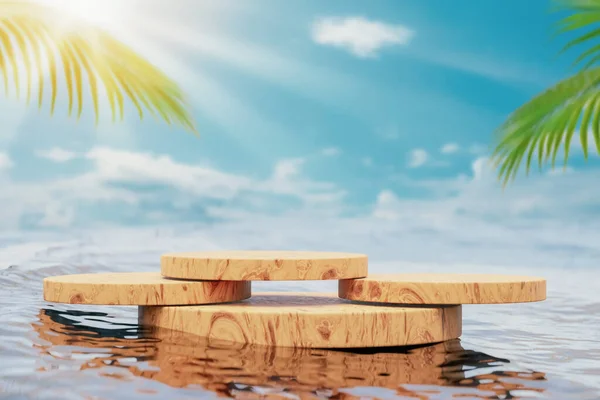 Дерев Яний Подіум Копіювальним Простором Презентації Продукту Пальмовому Пляжі Абстрактному Ліцензійні Стокові Зображення