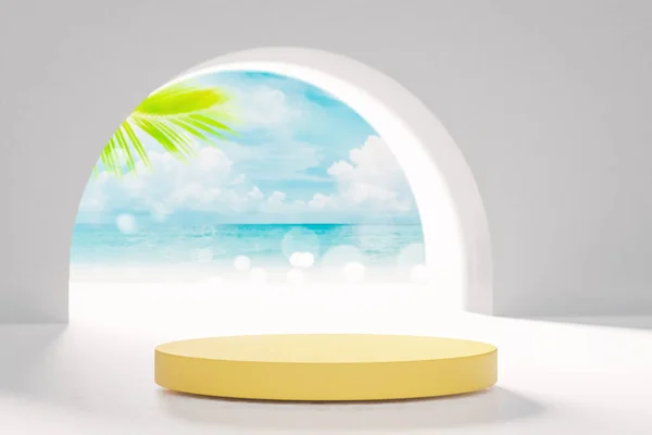 stock image 3d podium with copy space for product display presentation on palm beach and blue sky abstract background. Tropical summer and vacation concept. Graphic art design.