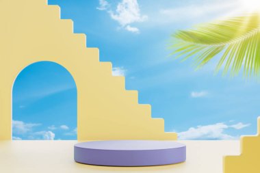 Palmiye sahilinde ürün tanıtımı için kopya alanı olan 3d podyum ve soyut mavi gökyüzü arkaplanı. Tropik yaz ve tatil konsepti. Grafik sanat tasarımı.