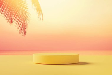 Palm Beach ve Sunum Gökyüzü soyut arkaplanında ürün tanıtımı için 3D podyum. Tropik yaz ve tatil konsepti. Grafik sanat tasarımı.