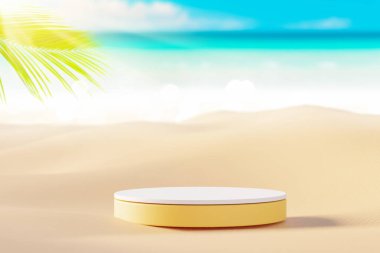 Palmiye sahilinde ürün tanıtımı için kopya alanı olan 3D sarı podyum ve soyut mavi gökyüzü arkaplanı. Tropik yaz ve tatil konsepti. Grafik sanat tasarımı.