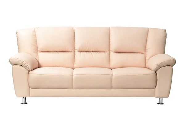 Stylish Beige Leather Sofa White Background — Stock Photo, Image