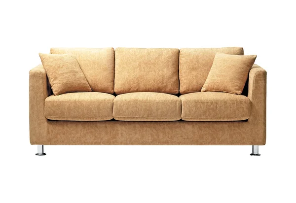 Comfortabele Stijlvolle Linnen Sofa Geïsoleerd Witte Achtergrond — Stockfoto