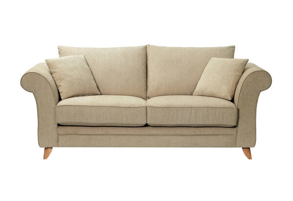 Comfortable and stylish linen fabric sofa isolated on white background