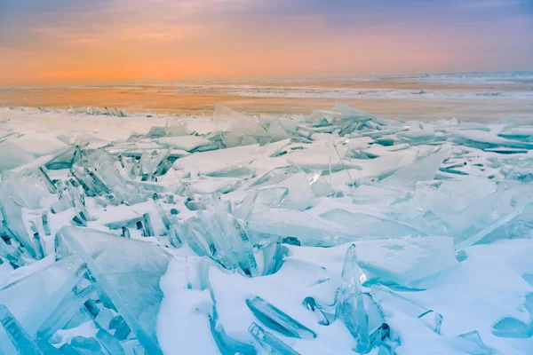 Quebrando Baikal Lago Gelo Água Com Horizonte Pôr Sol Rússia — Fotografia de Stock