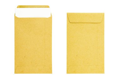 Kahverengi zarf, kahverengi zarf, beyaz arka planda izole bir beyaz.