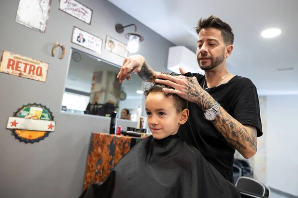 Hairdresser Cuts Hair Scissors Cheerful Boy Beauty Salon Care Childrens — Stock Photo, Image