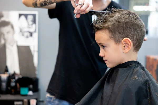 Hairdresser Performs Haircut Child Barber Shop Hair Sanitization Prevent Head — Stock Photo, Image