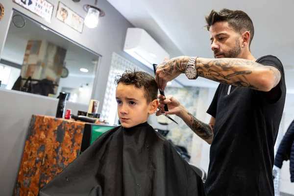 Young Boy Getting Haircut Barbershop Hairdressing Childhood Concept Obrazy Stockowe bez tantiem