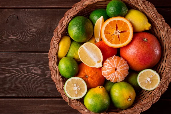 stock image Assortment, citrus fruits, in a basket, close-up, top view, no people,