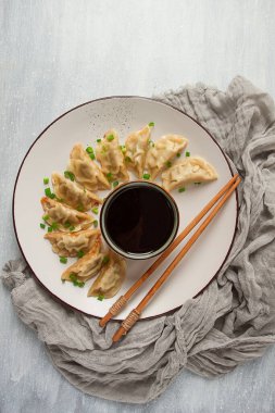 Japon Gyoza mantı, kızarmış, soslu, üst görünüm, insanlar olmadan, renkli, seçici odaklı.,