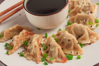 Japon Gyoza mantı, kızarmış, soslu, üst görünüm, insanlar olmadan, renkli, seçici odaklı.,