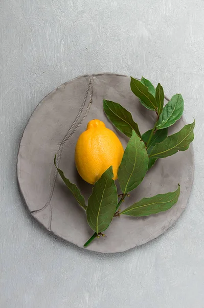 Una Rama Hoja Laurel Fresca Con Limón Plato Gris Concepto — Foto de Stock