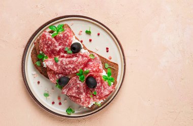 Sandviç, tahıllı ekmek, krem peynirli ve salamlı, siyah zeytinli, mikro-yeşillikli, üst manzara, yakın çekim, insan yok, kahvaltı.,