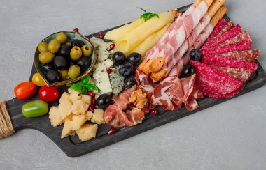 Appetizer, assortment, set, sausage, and cheese, on a wooden board, top view, no people, clipart